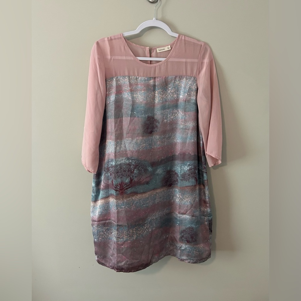 UNIQUE lavand Sheer Lavender/Pink Top Watercolor Print Shift Dress Size L